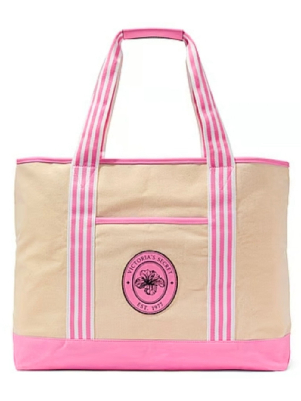 Victoria's Secret Cream Canvas Summer Tote with Pink Trim Striped Handles 2026